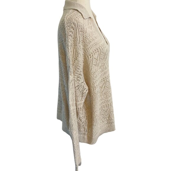 LOFT Off White Ivory V-Neck Collared Sweater Size Large Cotton Relaxed Fit - Picture 2 of 8